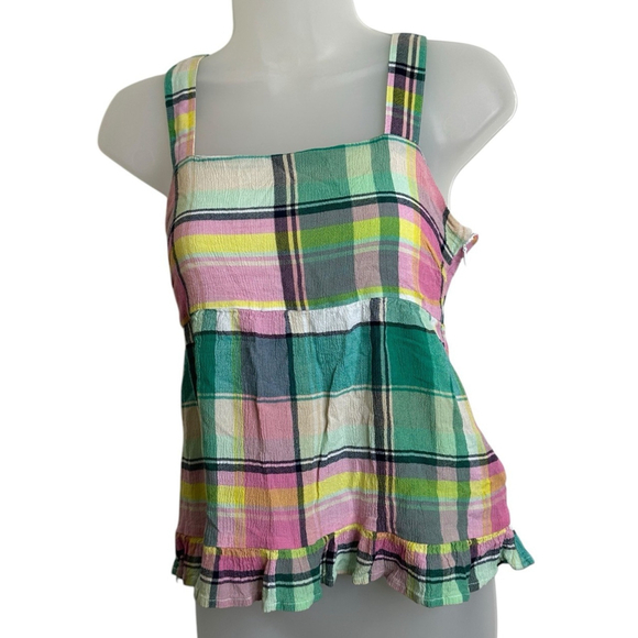 LOFT Women's Babydoll Top Size 2P Ruffle Colorful Plaid Tie Back Summer‎ - Picture 1 of 12
